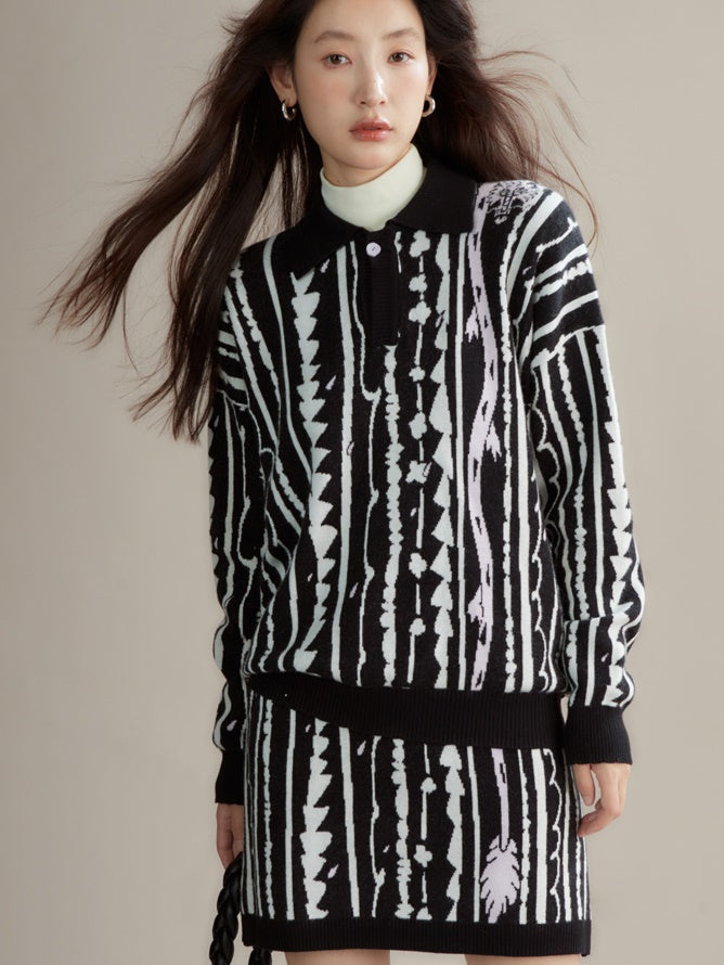 Dragon Pattern Jacquard Polo Sweater &amp; Knitted Skirt