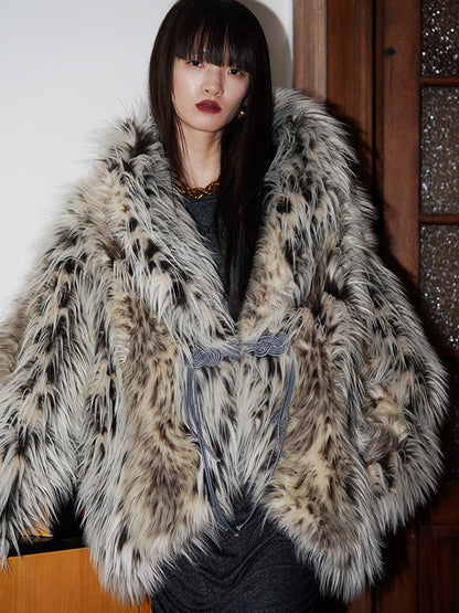 Chinese Plate Button Design Leopard Print Fur Jacket