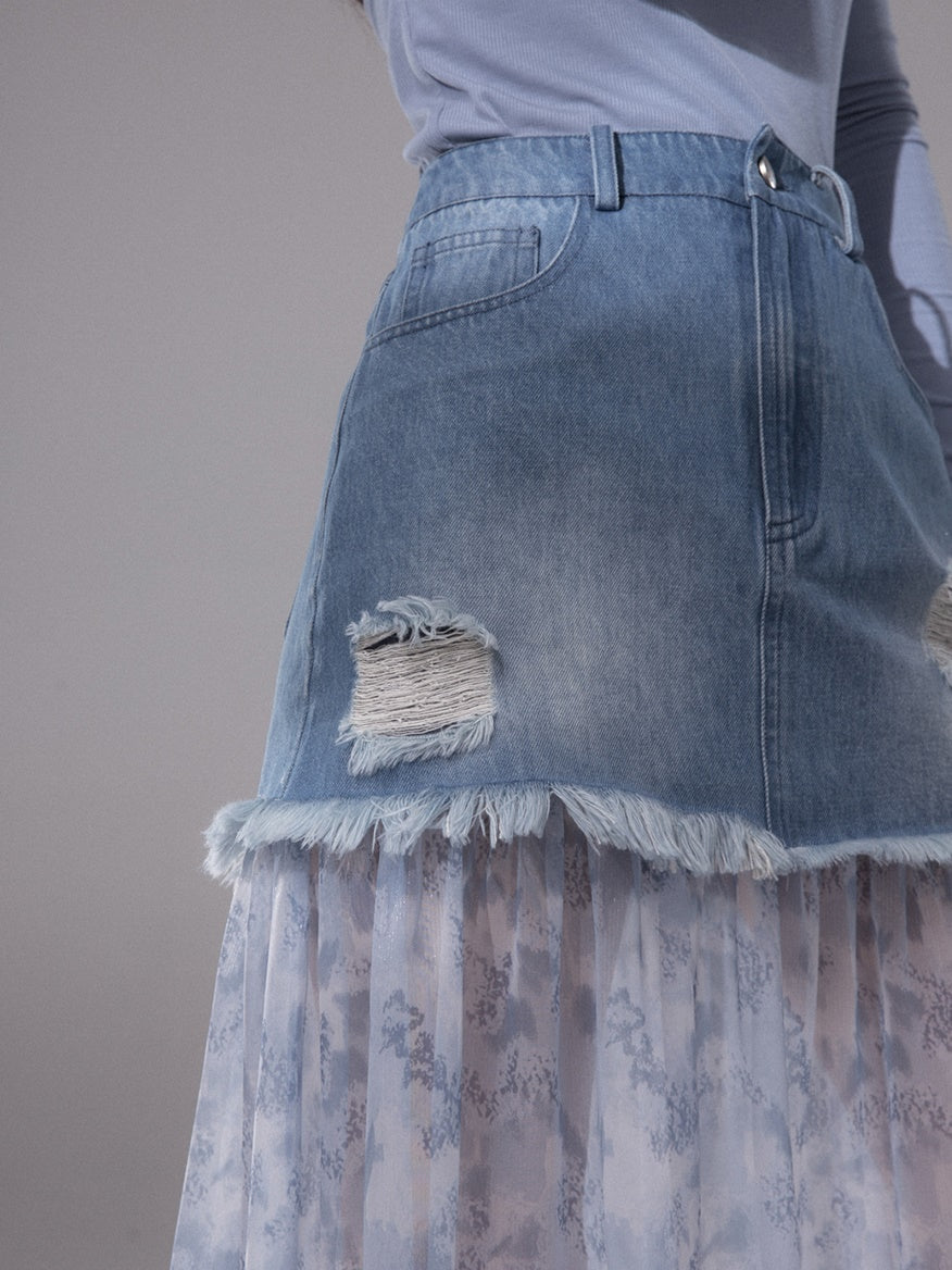 Denim Splicing Smudged Yarn Skirt