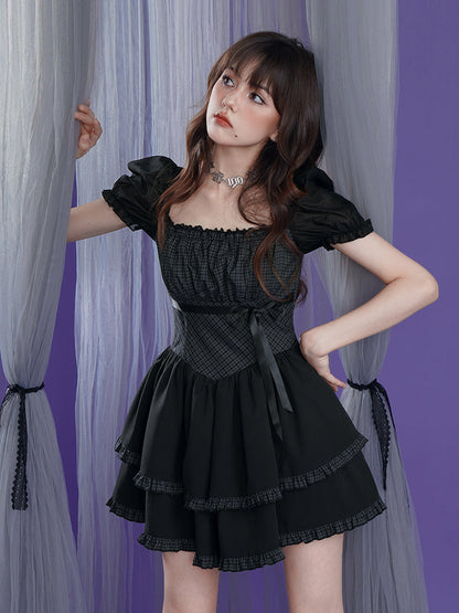 Grid Puff Sleeve Cake Dress