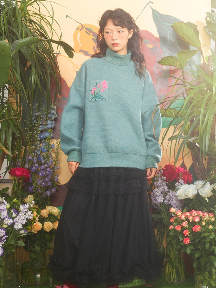 Butterfly Orchid Embroidery High-neck Sweater