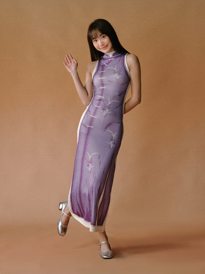 Orchid Print Cheongsam Dress