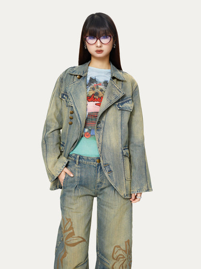 Distressed Deconstructed Casual Denim Jacket ＆ Curve Denim Pants