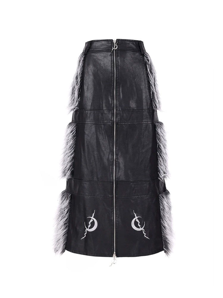 Front And Back 2Way Spliced Fur Double Zipper Leather Skirt