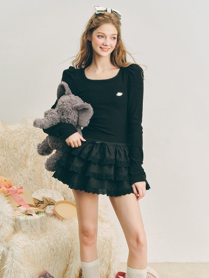 U-neck Puff Sleeve Switching Design Puffy Cake Dress