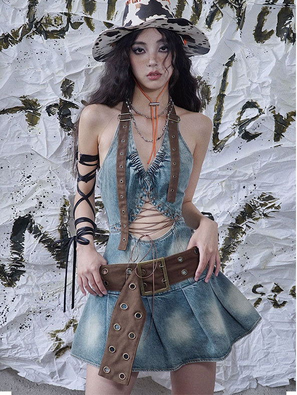 Niche Denim Halter-neck Short Dress – ARCANA ARCHIVE