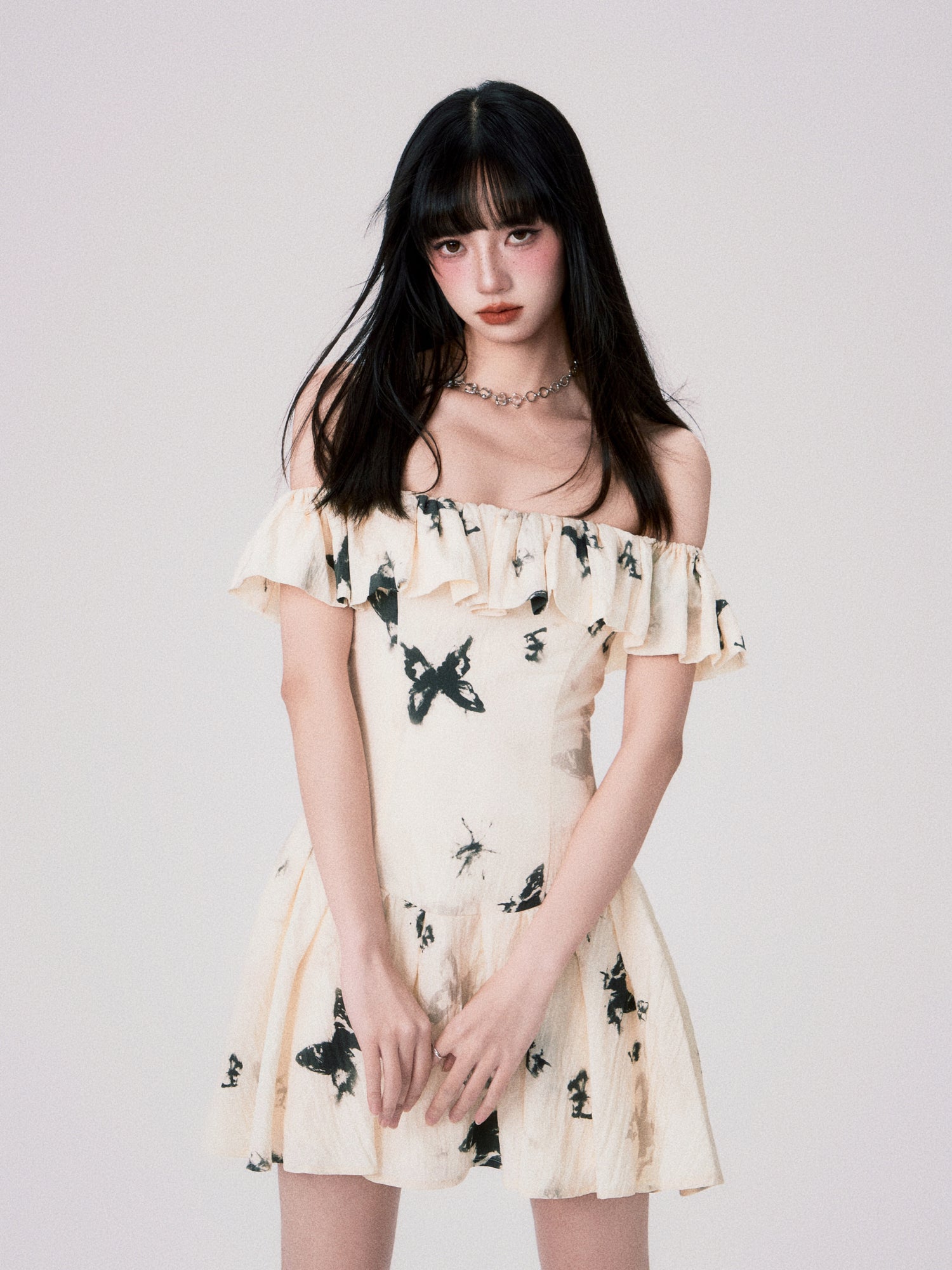 Butterfly Print Ruffle Off-shoulder Dress