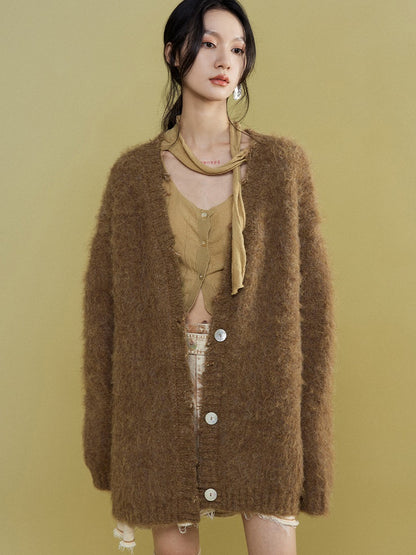 Oversized Furry Placket Ripped Cardigan