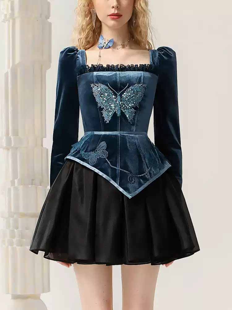 Velvet Back-Open Embroidery Flare Short Butterfly Sequins Dress