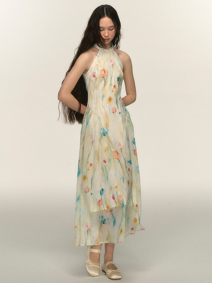 Chinese Style Ink Tulip American Sleeve Dress