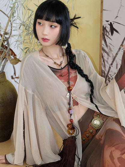 Chinese Chiffon Butterfly Sleeve Long Cardigan