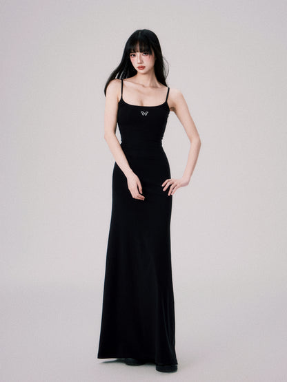 Square Neck Slim Suspender Long Dress