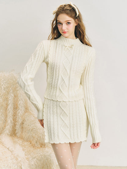 Cable Bottle-Neck Fluffy Knit Sweater ＆ Frill Knitted Skirt