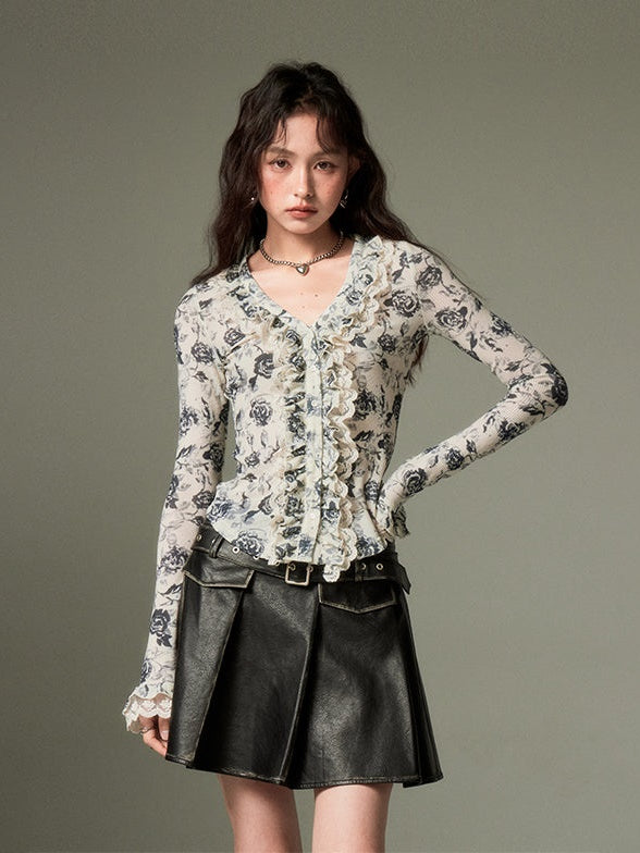 French Niche Floral Lace V-neck Shirt