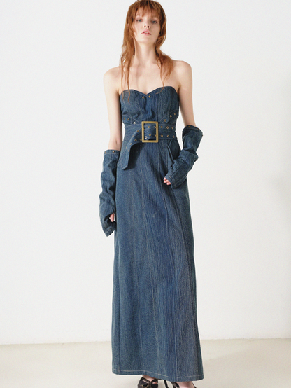 Denim Bare Top Long Dress With Sleeves