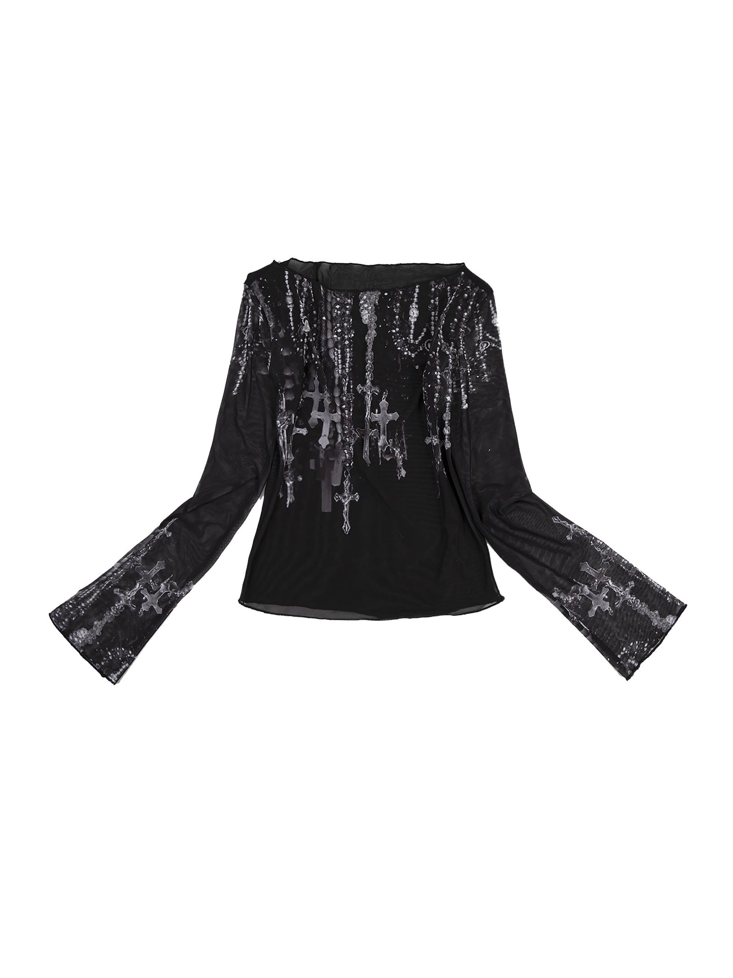 One-shoulder Printed Mesh Long-sleeved Shirt