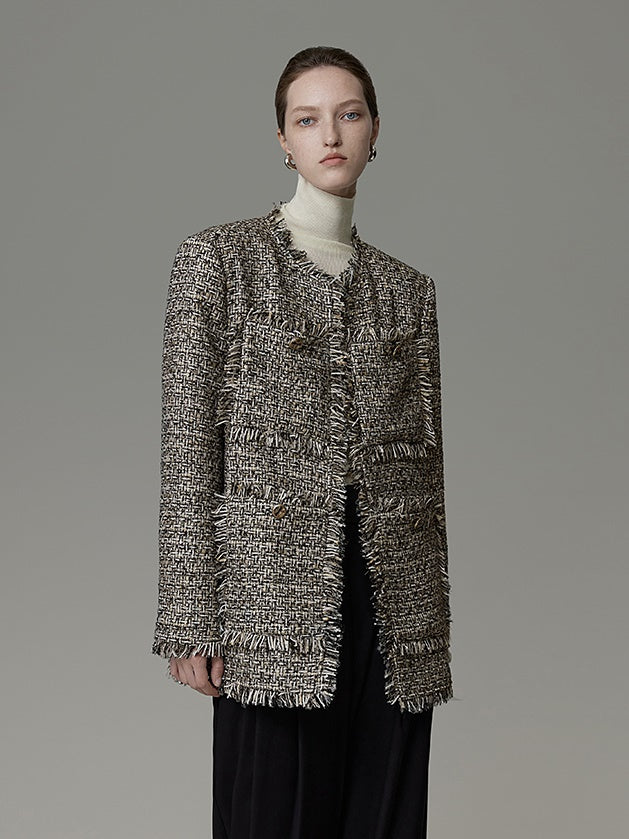 Design brossé veste en tweed sans col