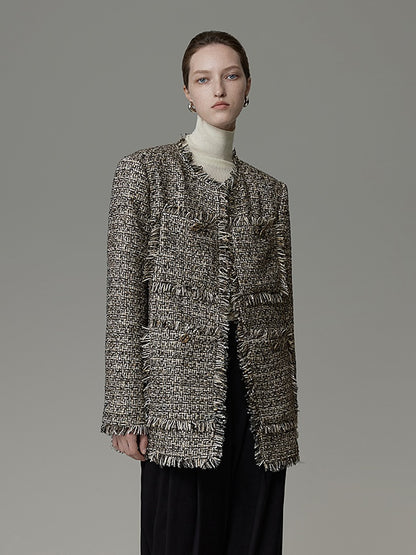 Design brossé veste en tweed sans col