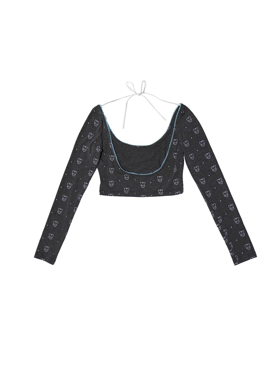 Bowknot Jacquard &amp; Bear Print Large Collar Cropped Top