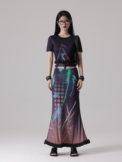 Fishbone Print Stitching Braid Profile Hem Top ＆ Fishtail Skirt