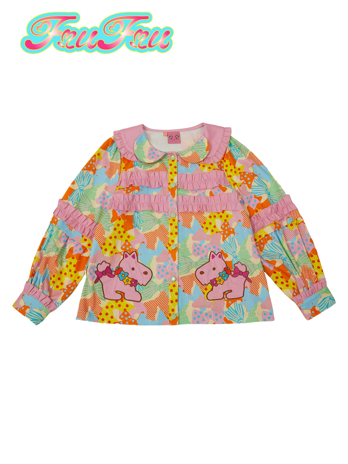 Carton Print Doll Collar Frill Shirt