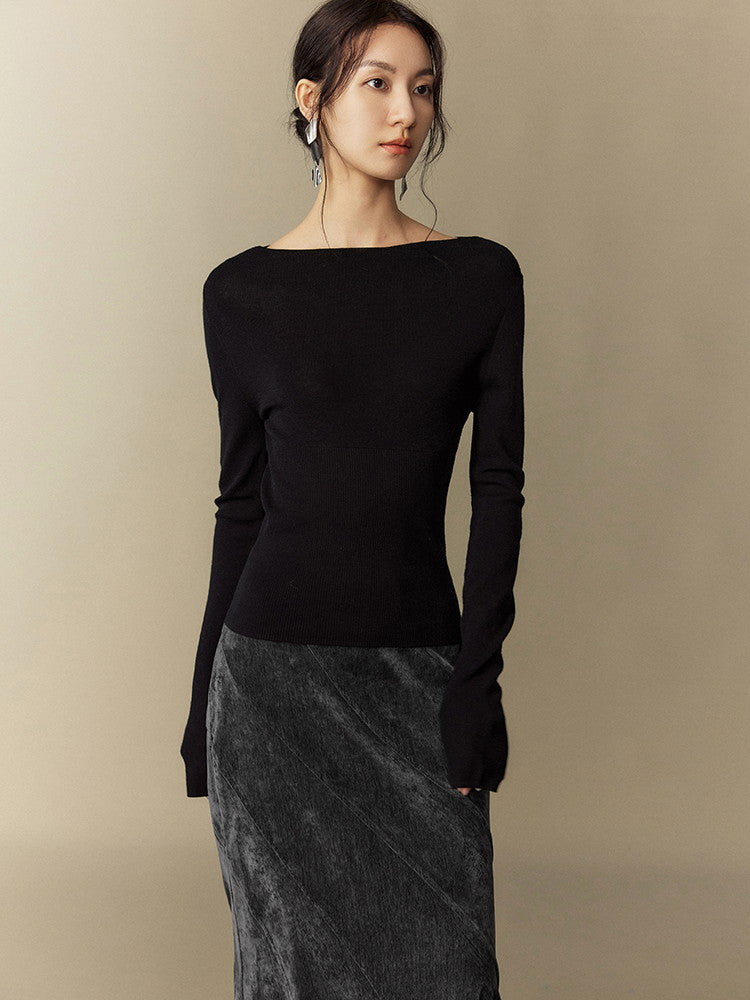 Simple Smooth Rib Boat-Neck Slim Classy Knit