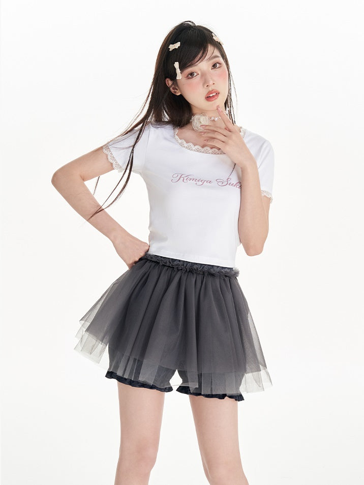 Back Strap Bow Lace U-neck Printed T-shirt