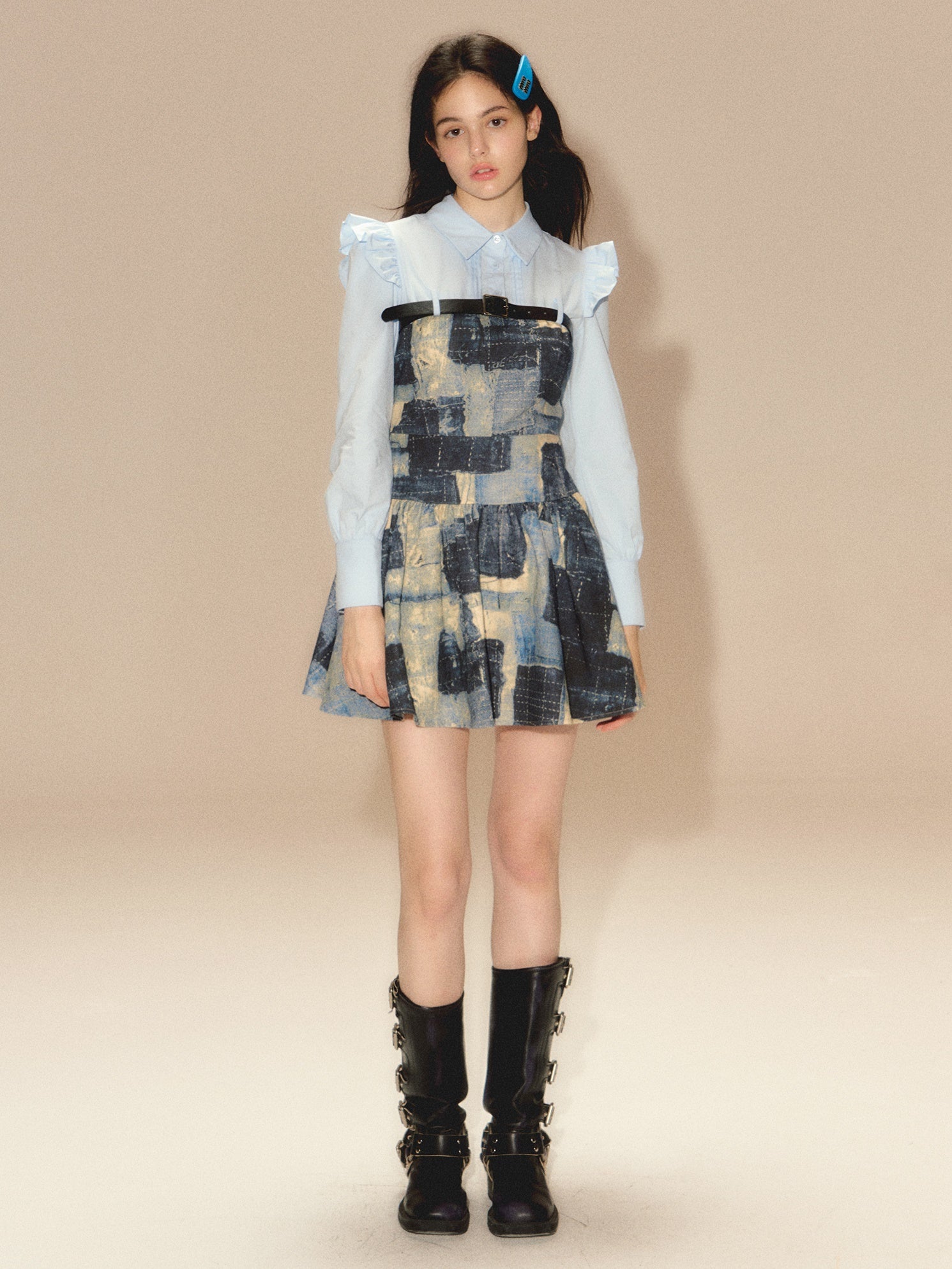 Denim Splicing Belt Design Shirt Dress