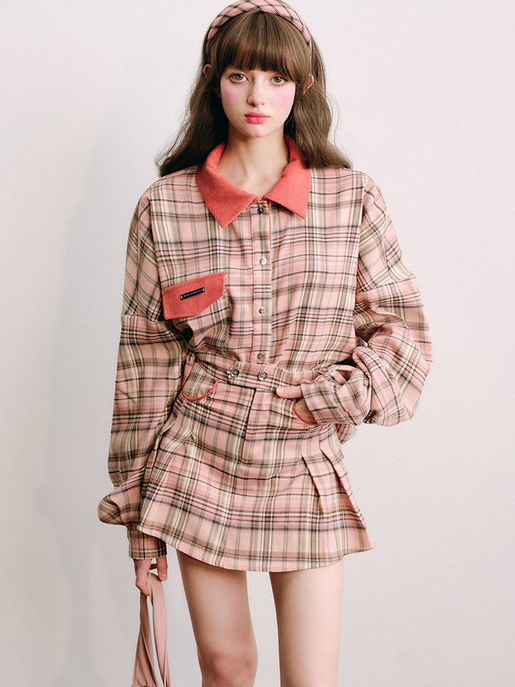 Loose Plaid Shirt &amp; Pleated Skirt