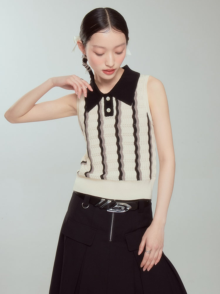 Striped Polo Collar Sleeveless Top