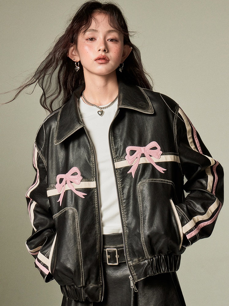 Bowknot Retro Color-Painted Leather Jacket