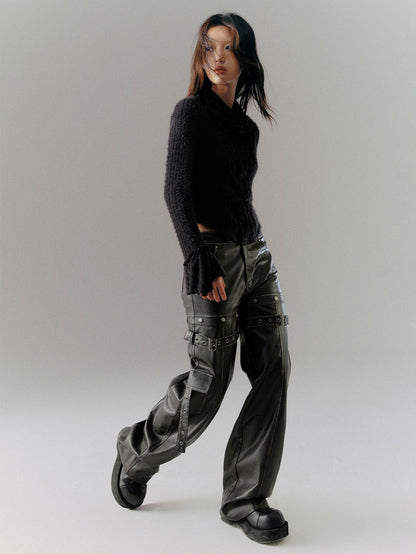 Button Deconstructed Leather Straight Trousers