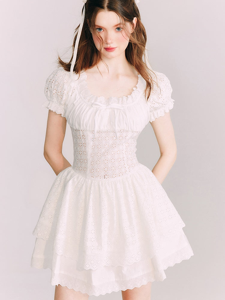 Embroidered Lace Waist Hollow Short Dress