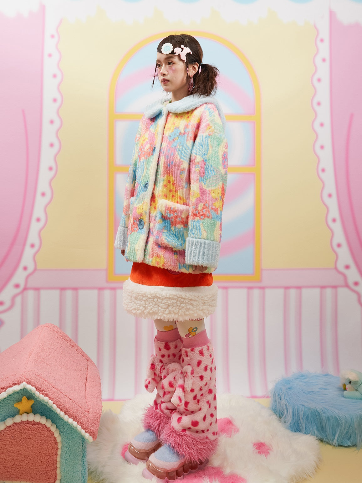 Printed Cute Warm Plush Sailor Collar Jacket