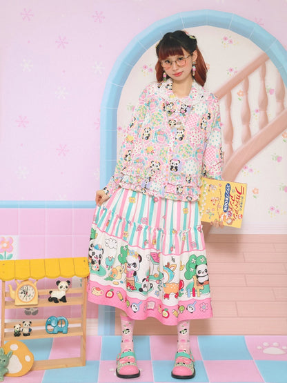 Striped Patchwork Panda Cartoon Printed Skirt