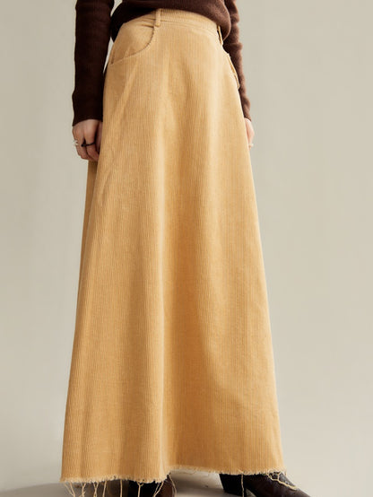 Fringed Corduroy Long A-line Skirt