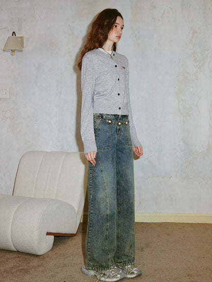 Retro Washed Design Straight Jeans