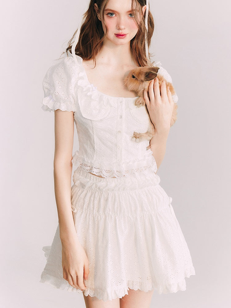 Cutwork Lace Puff Sleeve Top &amp; A-line Skirt