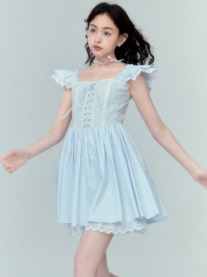 Stitching Lace Jacquard Flying Sleeve Dress