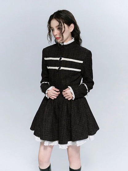 Tweed Stand-Collar Cropped Jacket ＆ Lace Stitch Short Pleated Skirt