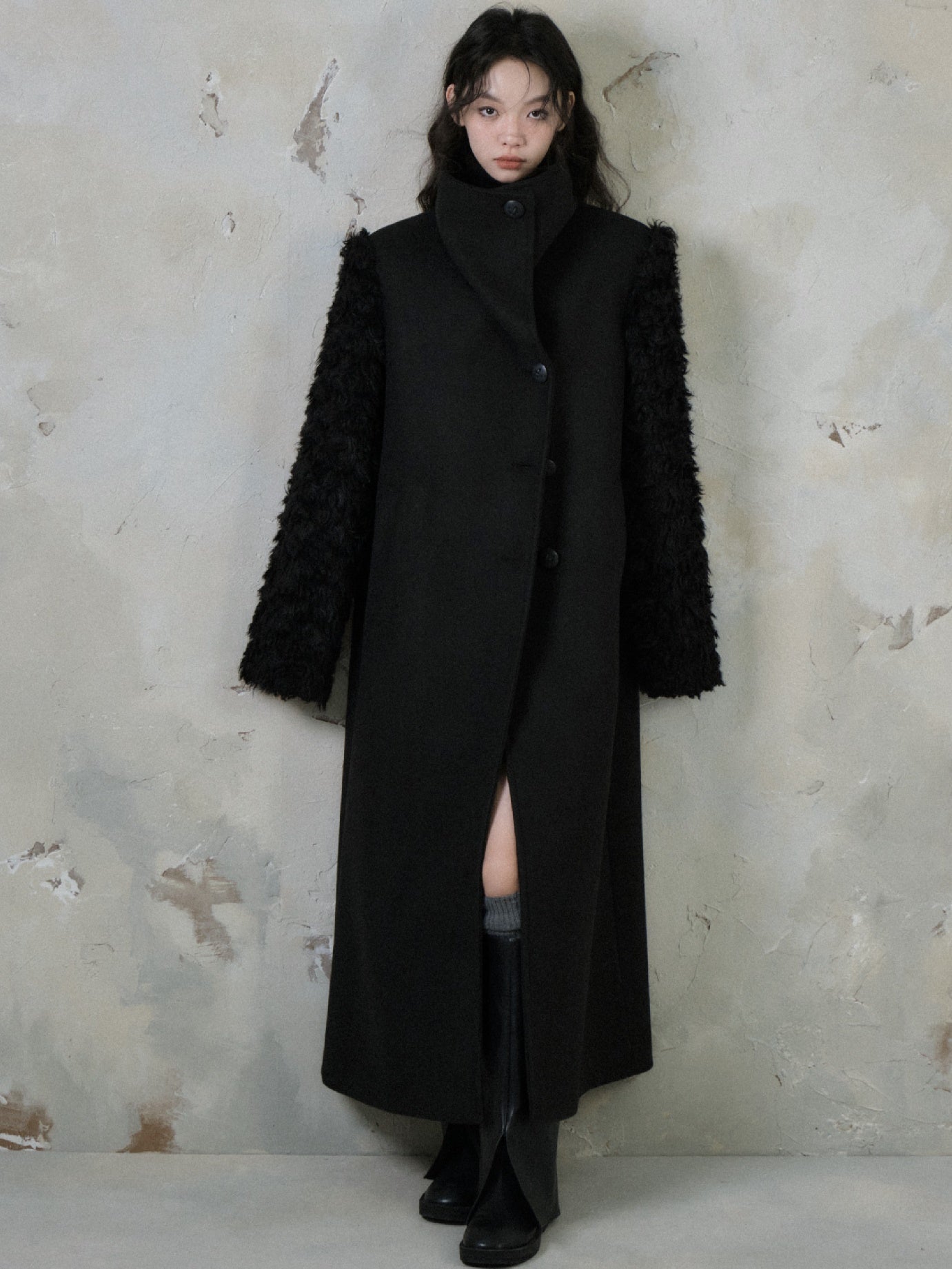 Plush Fur Sleeve Splicing Stand Collar Coat