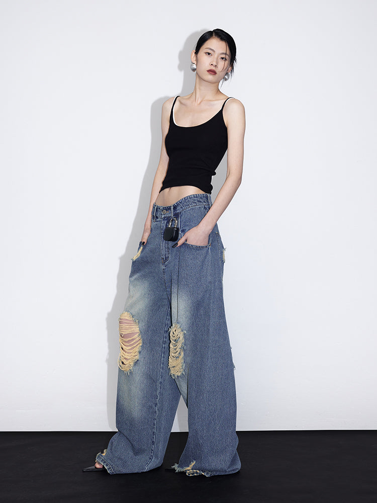 Pinched Pleats Wide-leg Denim Pants