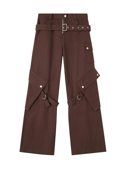 Double Belt Loose Straight Wide Leg Trousers