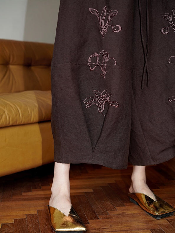 Embroidery Loose Bloomers Wide Leg Pants