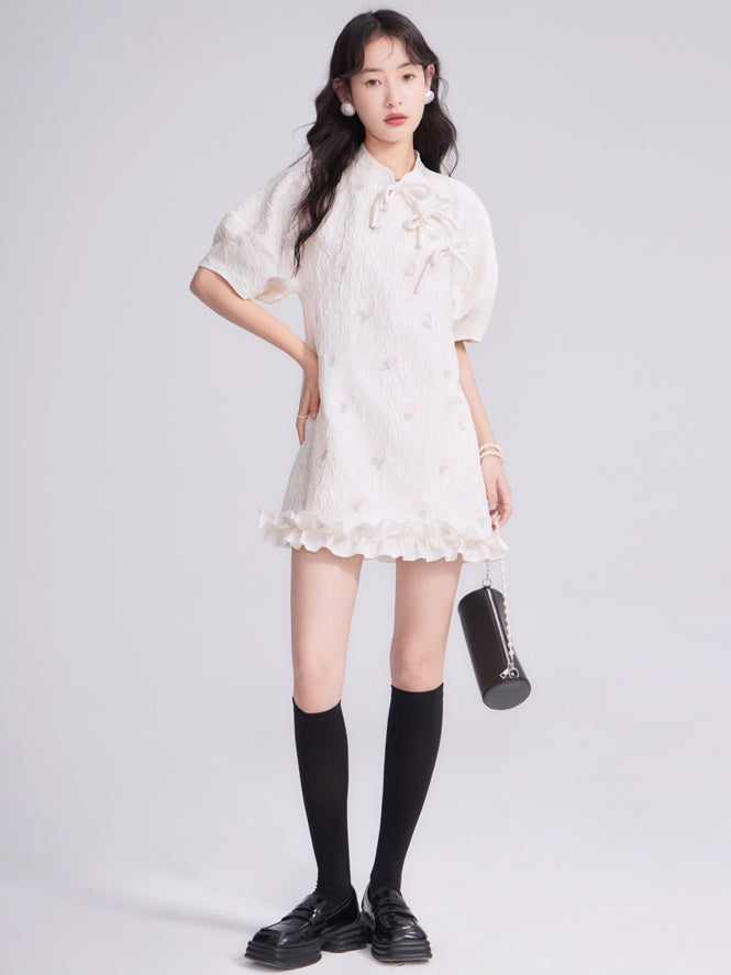 Mao Collar Jacquard Bow Dress