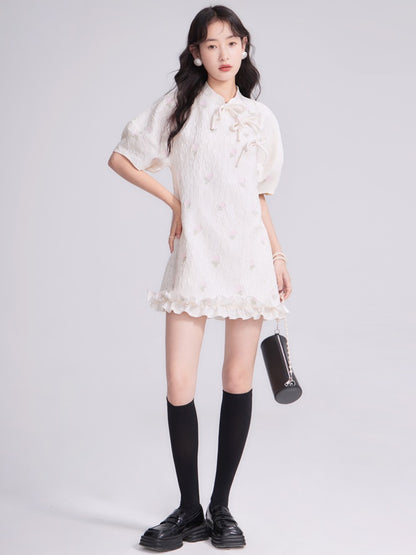 MAO COLLAR JACQUARD BOW DRESS