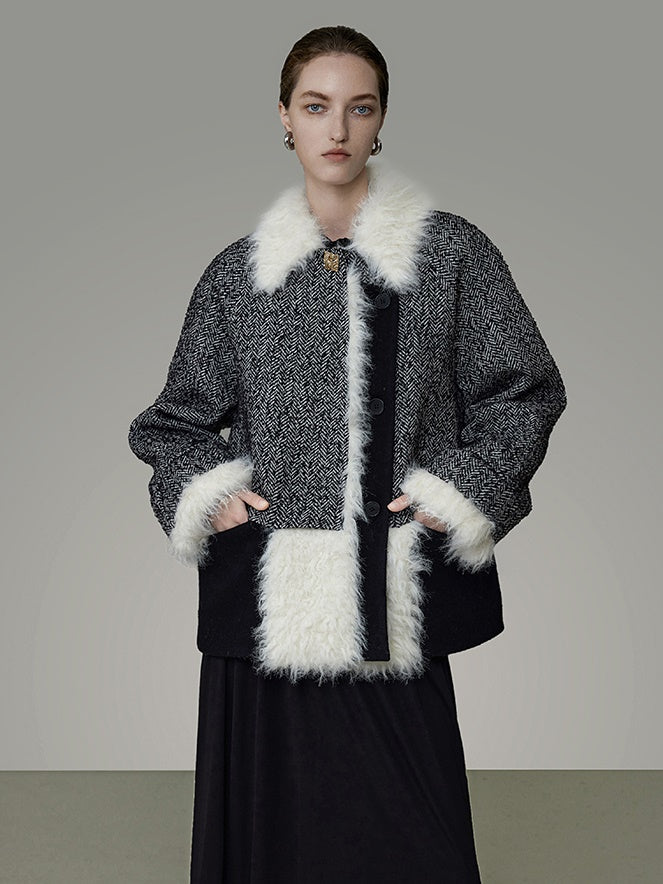 Fur Collar Splicing Herringbone Short Coat