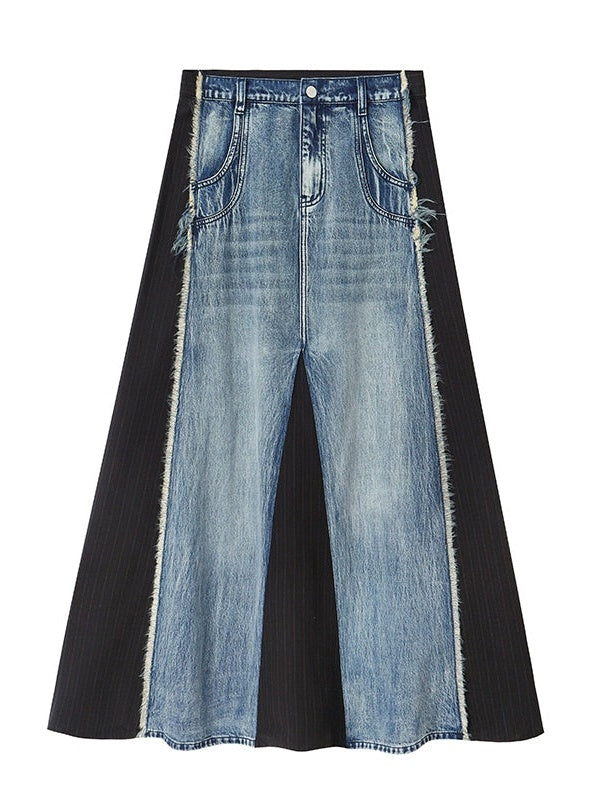 Geometric Cut Washed Raw Edge Denim Patchwork Skirt