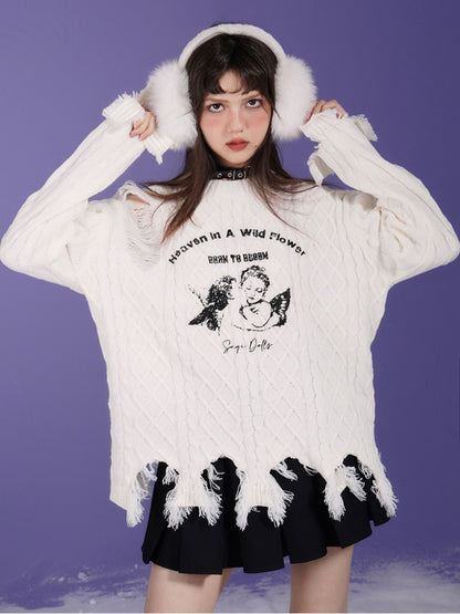 Angel Print Hole Pullover Sweater