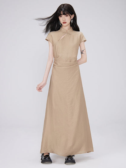 Chinese-Style Shirred Long Dress